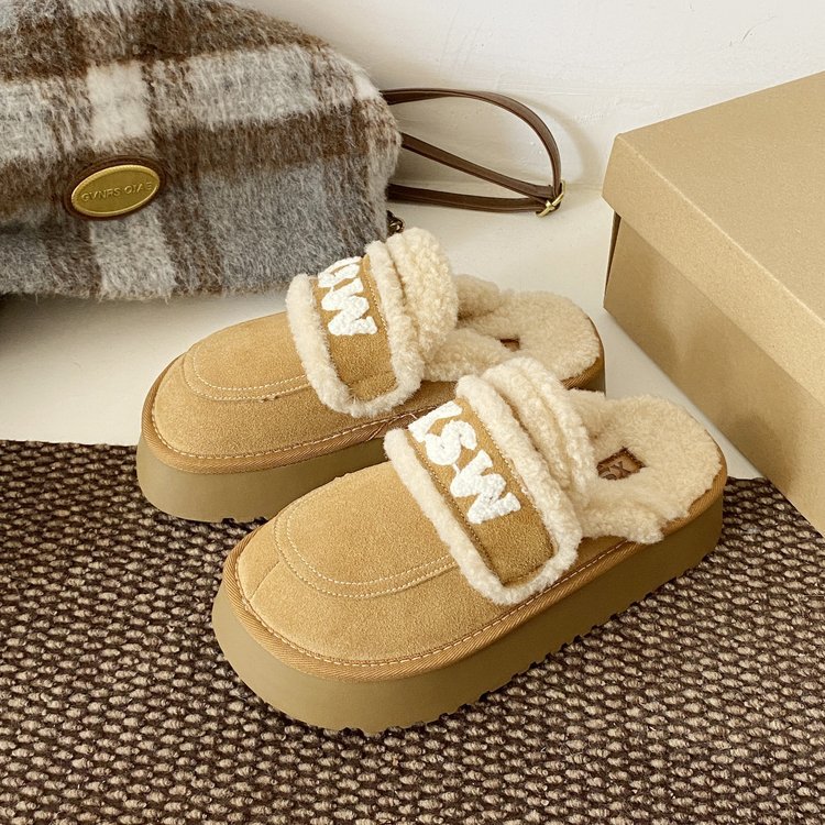 fashion 2025 Cotton Slippers For Women Autumn And Winter New Thick Soled Comfortable Home Warm Half Pack Snow Boots Wear Wool Shoes