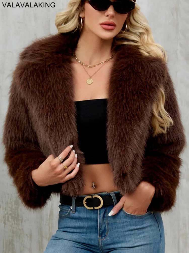 2025 Female Winter Brown Faux Fur Coat For Women Casual Long Sleeve Fluffy Plush Jacket Lady Solid Thick Fur Warm Cardigan 251010