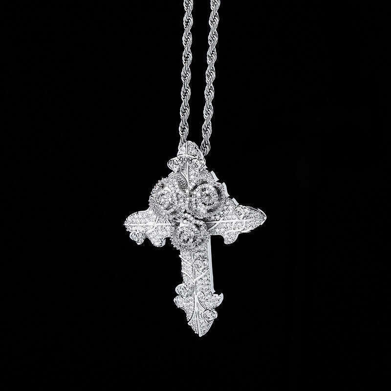 New Rose Flower Three-Leaf Cross Pendant Full Moissanite chain Hip-Hop Unisex Necklace Accessory
