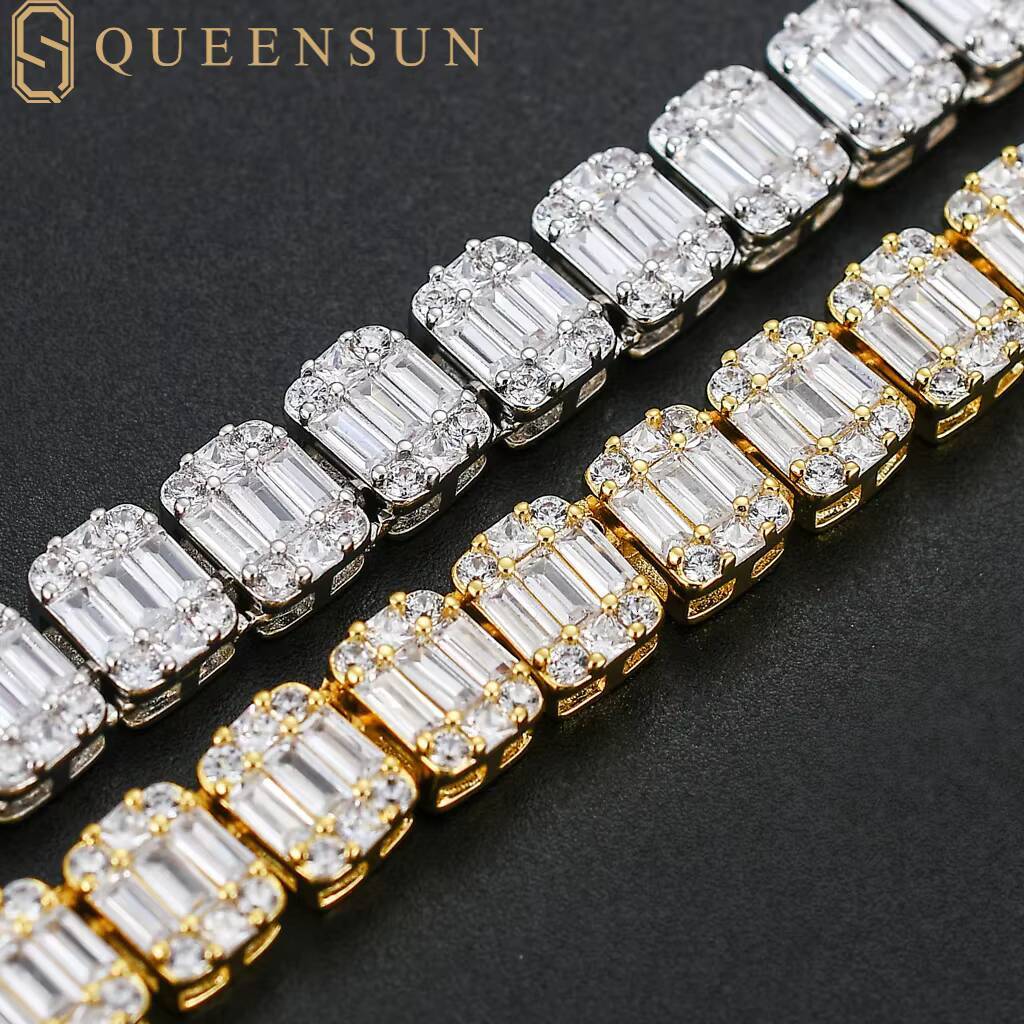 Queensun IGI GRA 18k Solid White Gold Tennis Bracelet 9mm Rectangular S925 Moissanite Hiphop Chain Link Jewelry Lab Diamond