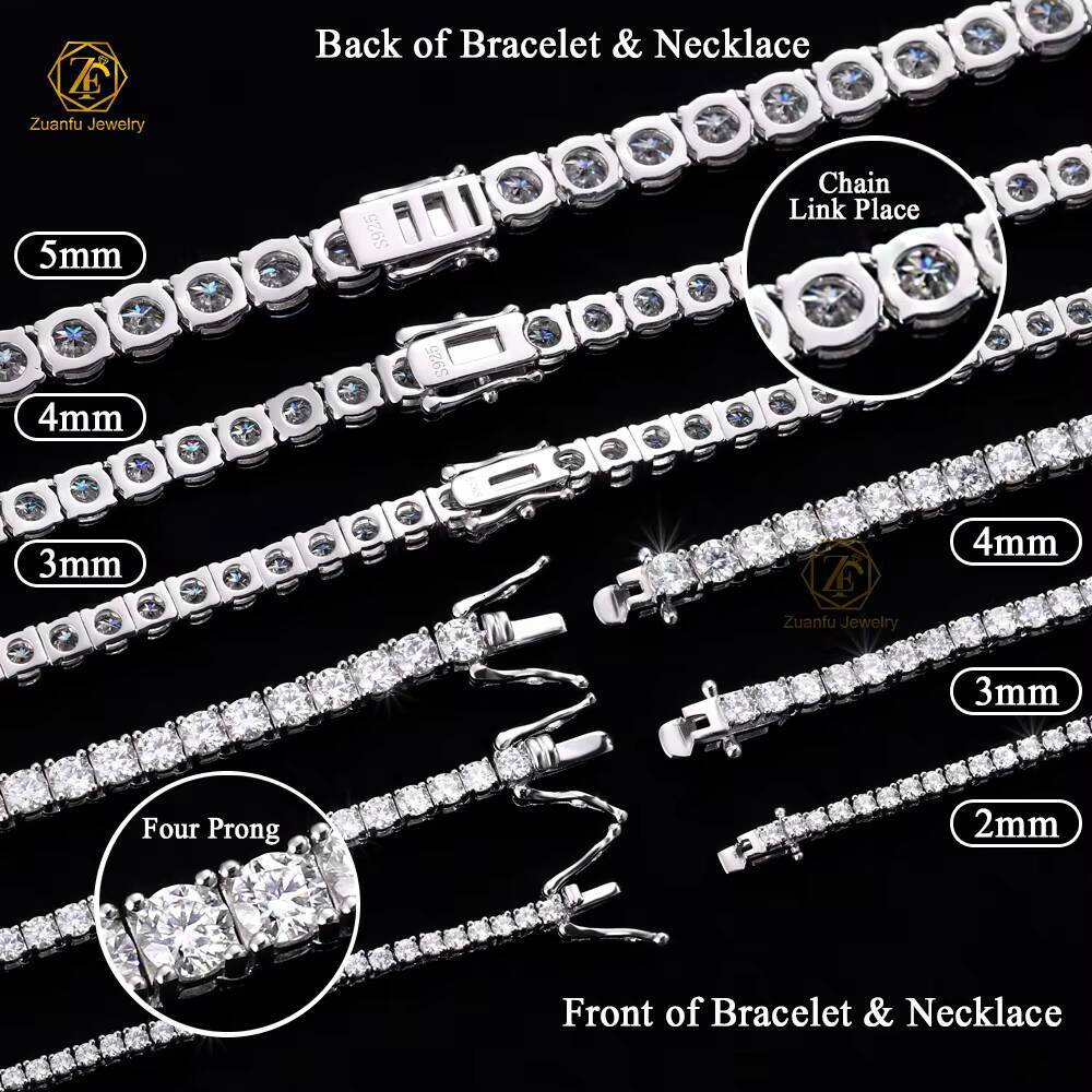 Real 925 White Silver Moissanite Necklace Chain 3mm 4mm 5mm 65mm Round White D Diamond Tennis Link Chain for Men Rapper