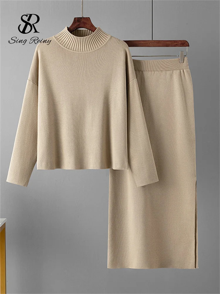SINGREINY Fashion Autumn Sweater Two Pieces Suits Women Loose Warm PulloversSplit Long Skirt Winter Casual Knitted Sets 251028
