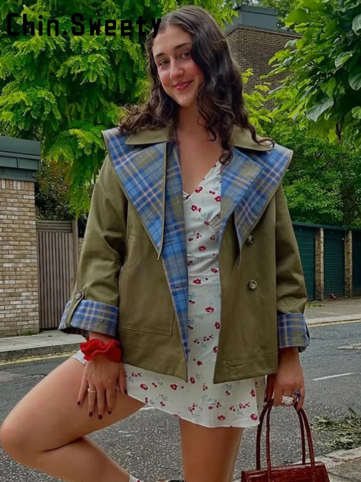 Vintage Plaid Reversible TwoWay Coat Women Oversize Single Breasted Pocket Loose Jacket Aautumn Lady Chic Outwears 251009