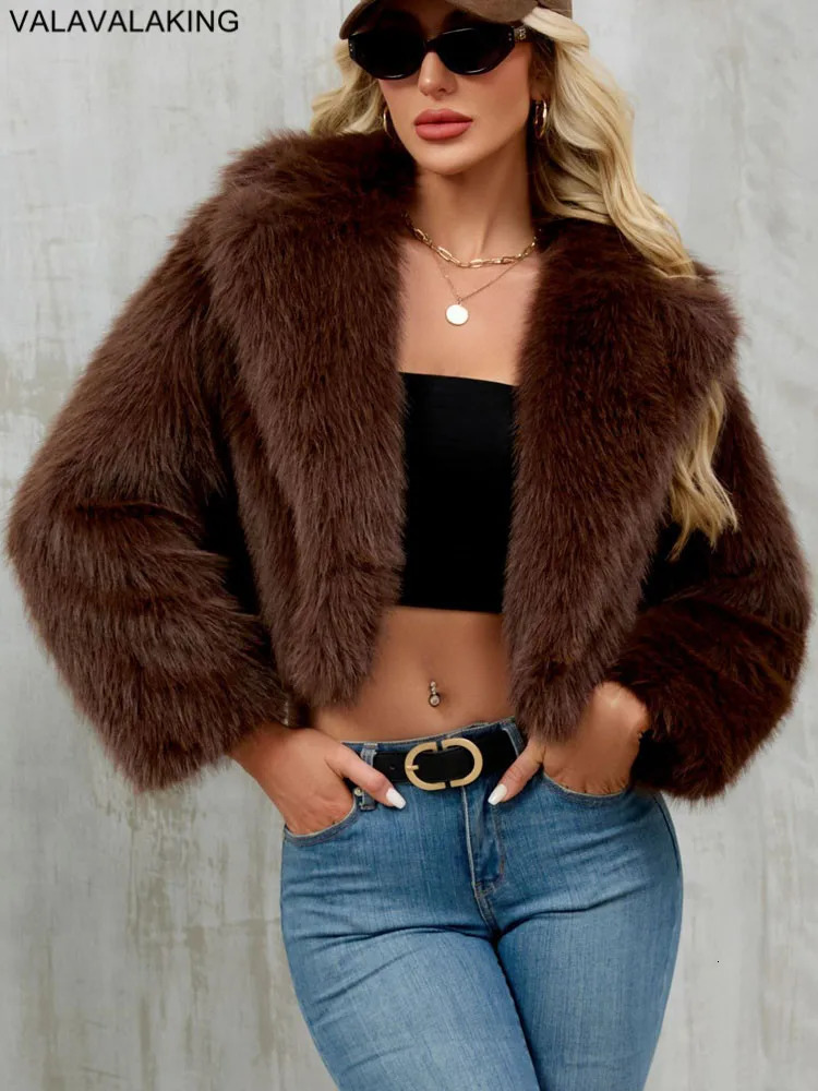 2025 Female Winter Brown Faux Fur Coat For Women Casual Long Sleeve Fluffy Plush Jacket Lady Solid Thick Fur Warm Cardigan 251010