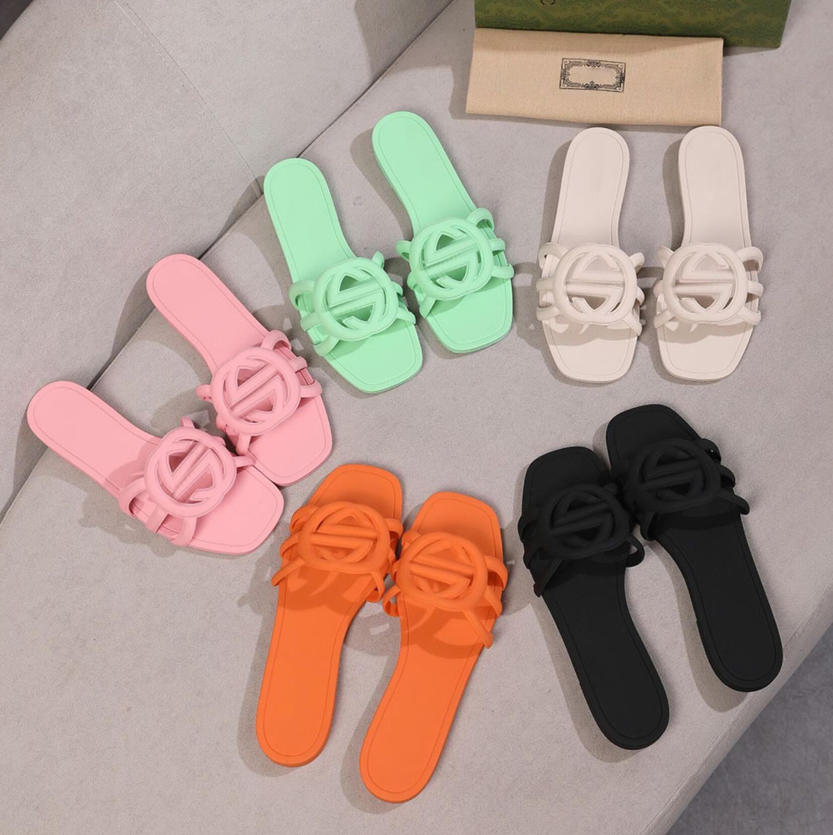 Designer Sandals Women Interlocking Slides Rubber Slippers Ladies Flat Beach Jelly Script Orange Summer Fall Mules Outdoor Waterproof Luxury US6-11