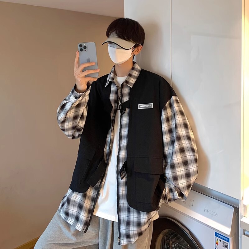 Hong Kong Style Long Sleeve Shirt For Men Spring And Autumn Ins Trend Fake Designer Jacket Two-piece Shirt Youth Design Sense Cool Jacket Men Plaid Jacket
