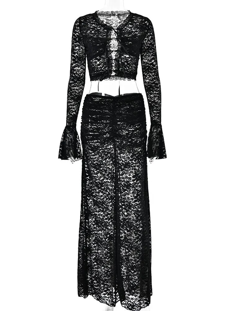 GACVGA Sexy Lace See Through Bandage Two Piece Set Summer Women Flare Sleeve Ruched Hollow Out Tshirt And Slim Maxi Skirt Sets 251028