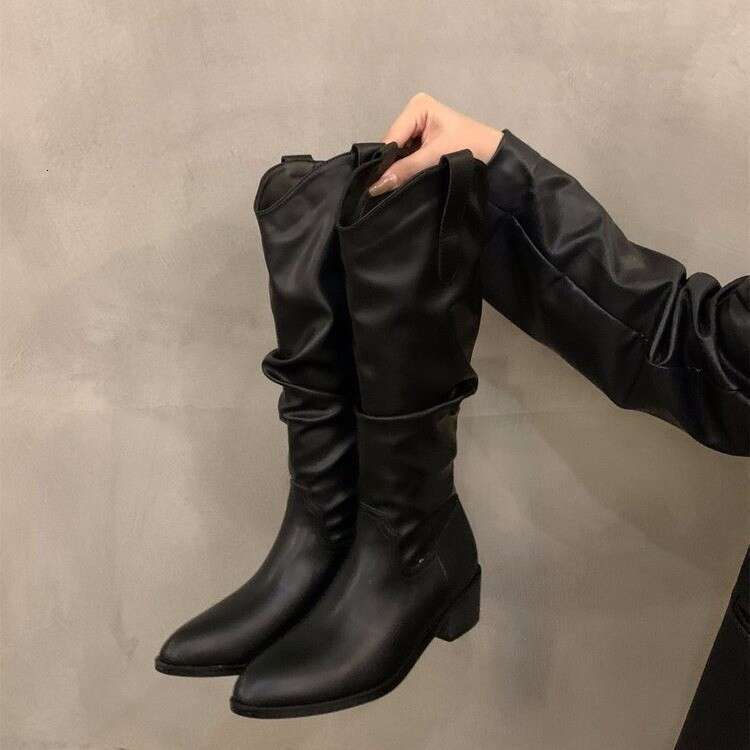 Women's Long Women 2025 Autumn Winter New V-Cut Melad Over-the-Knee Chunky Heel Pointed Toe Slouch Boots bb