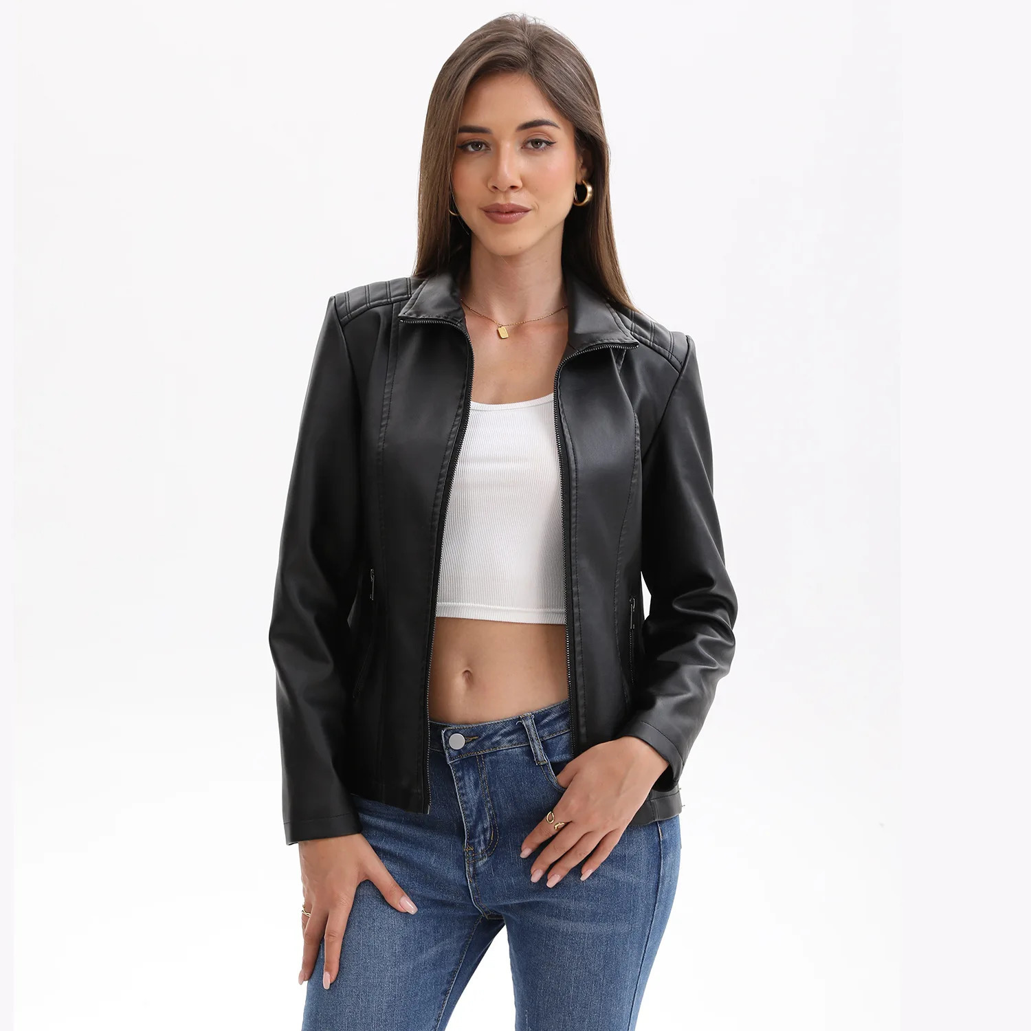 Womens Stylish Brown Faux Leather Jacket Slim Fit Trendy Moto Style with Zipper Detail PU Coat 251008