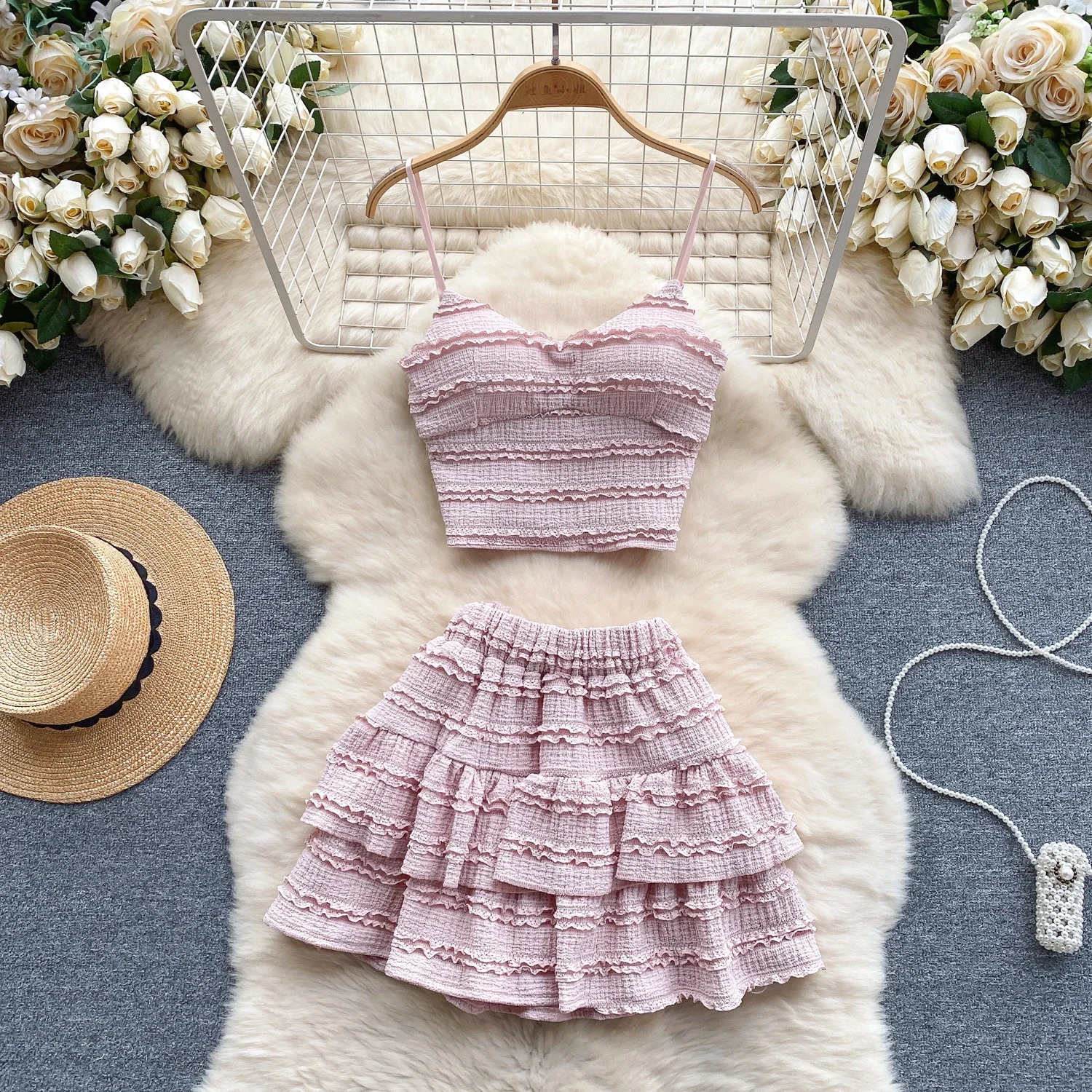 2026 Sweet Ruched Two Pieces Sets V Neck Strap Crop TopsShort Pleated Skirt Women Korean Style Chic Summer Beachwear Suits 251028