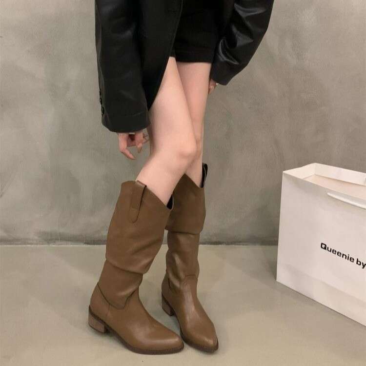 Women's Long Women 2025 Autumn Winter New V-Cut Melad Over-the-Knee Chunky Heel Pointed Toe Slouch Boots bb