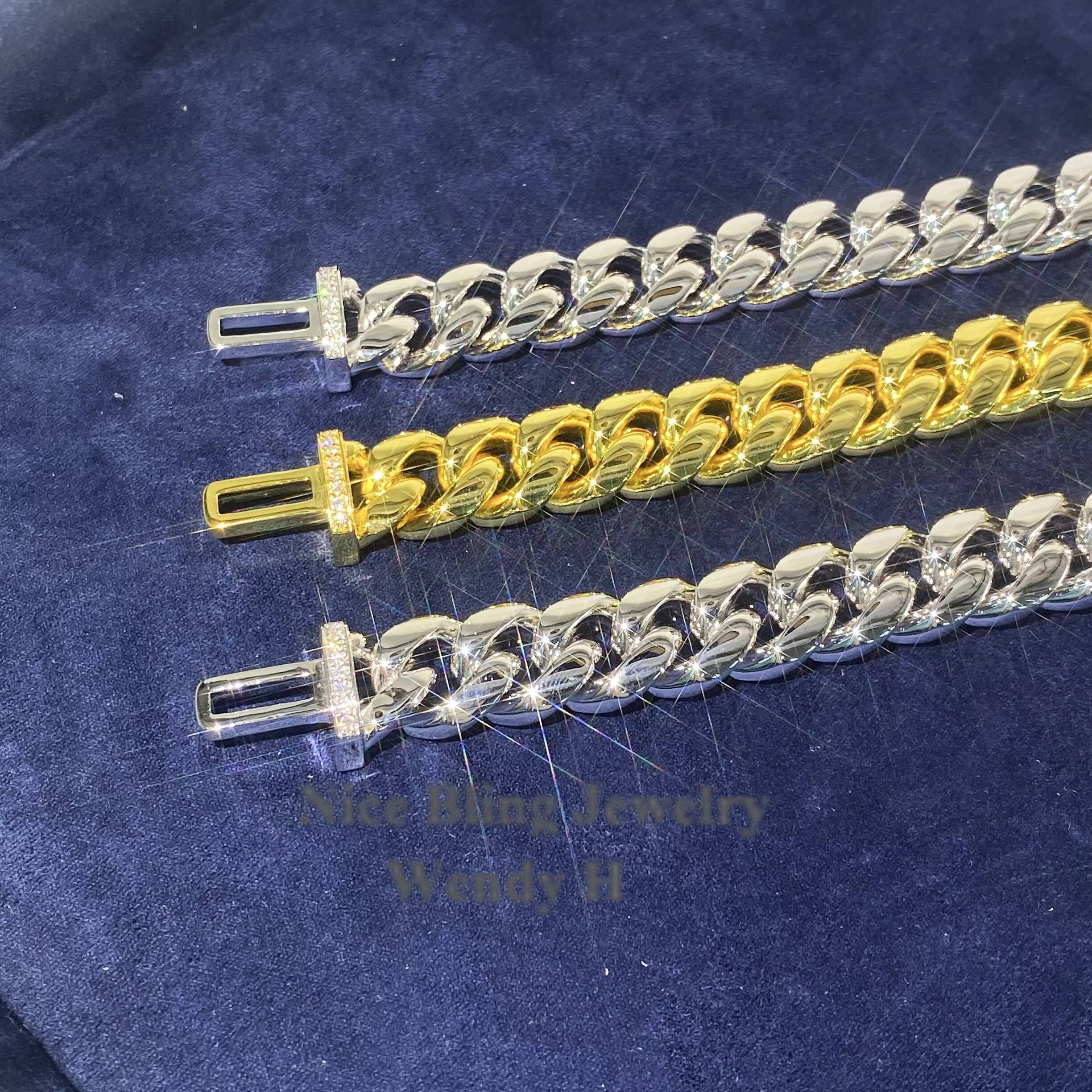 Hip Hop Iced Out Moissanite Diamond Clasp 8mm 10mm 12mm 14mm Stainless Steel Pvd Gold Plated Miami Cuban Link Chain