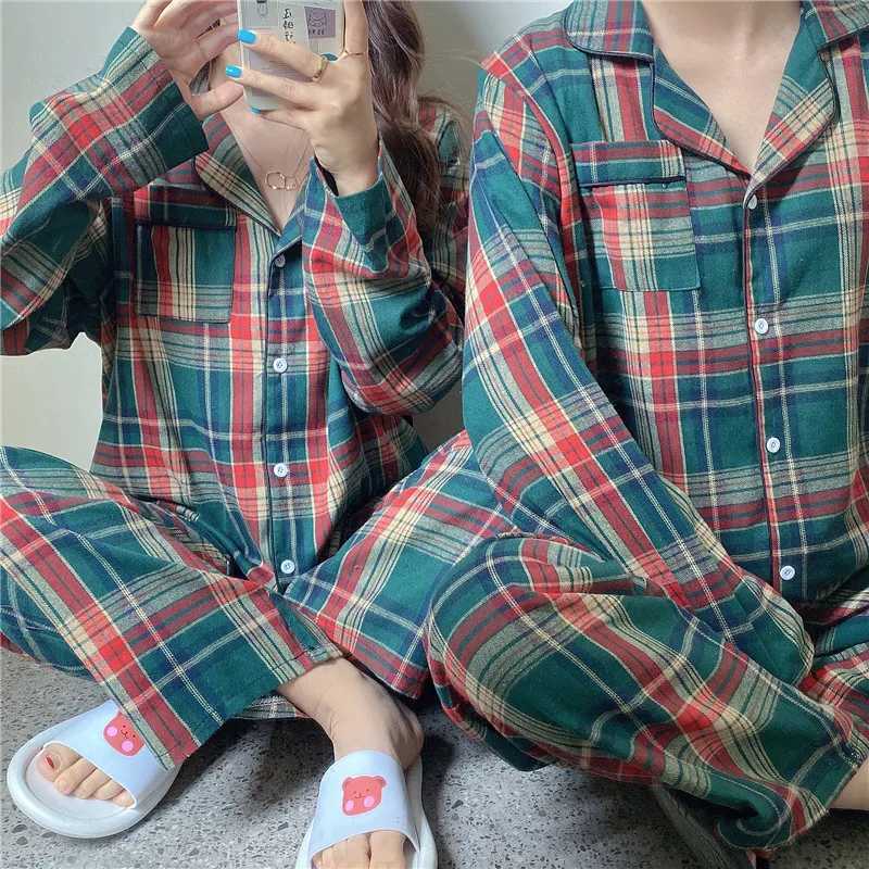 Green Christmas Pajamas Couple Pajama Set Simple Plaid Sleepwear Cotton Autumn Winter Women Pyjamas Suit Long Sleeve Loungewear L251011