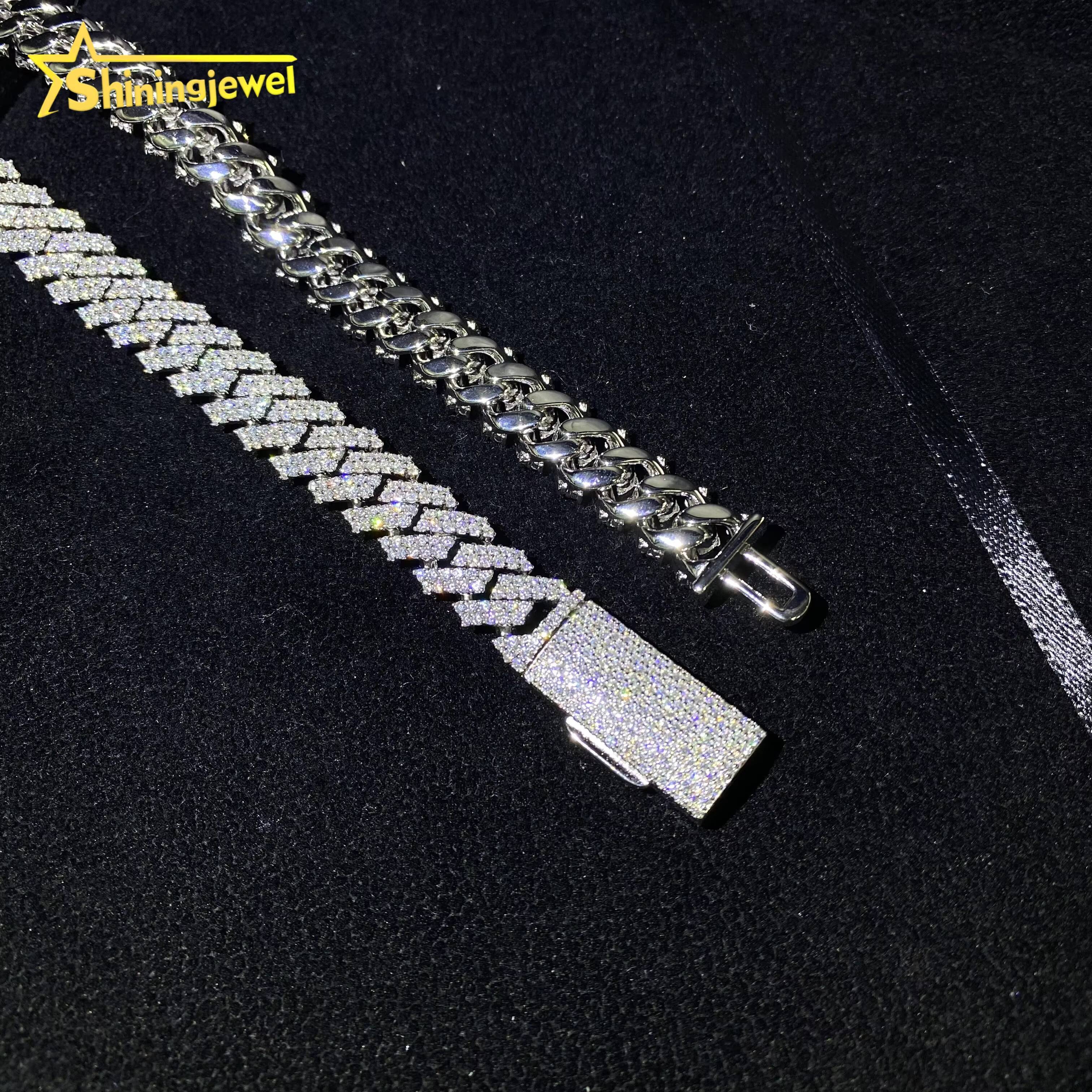 Pass Diamond Tester 12mm 2Rows Iced Out Hip Hop Jewelry Bracelet 925 Solid Silver VVS D Moissanite Cuban Link Chain Necklace