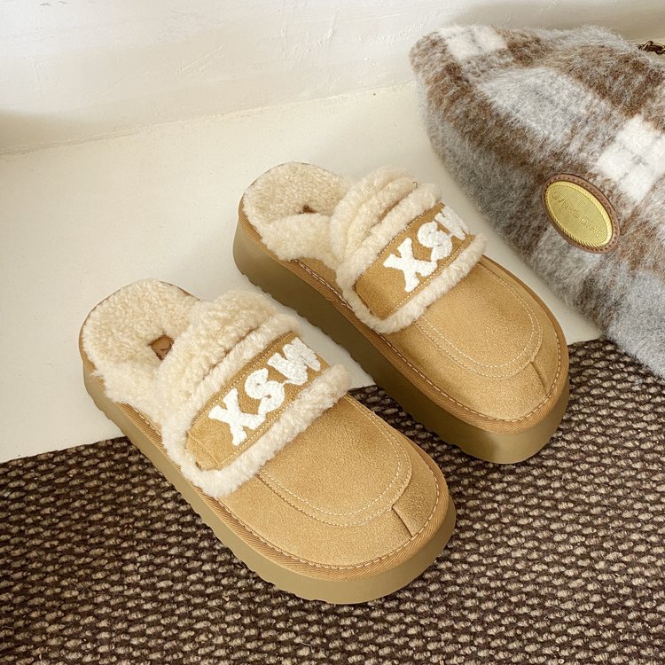 fashion 2025 Cotton Slippers For Women Autumn And Winter New Thick Soled Comfortable Home Warm Half Pack Snow Boots Wear Wool Shoes