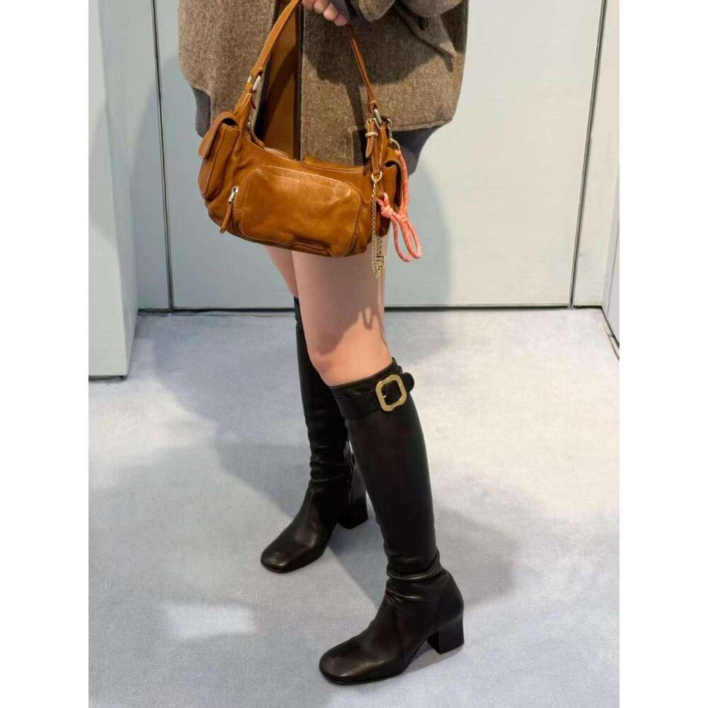 Mui Home Belt Buckle Long Thick Heel Square Toe Elastic High Tube Slim Boots Women's Fashion Autumn Winter Shoes 25