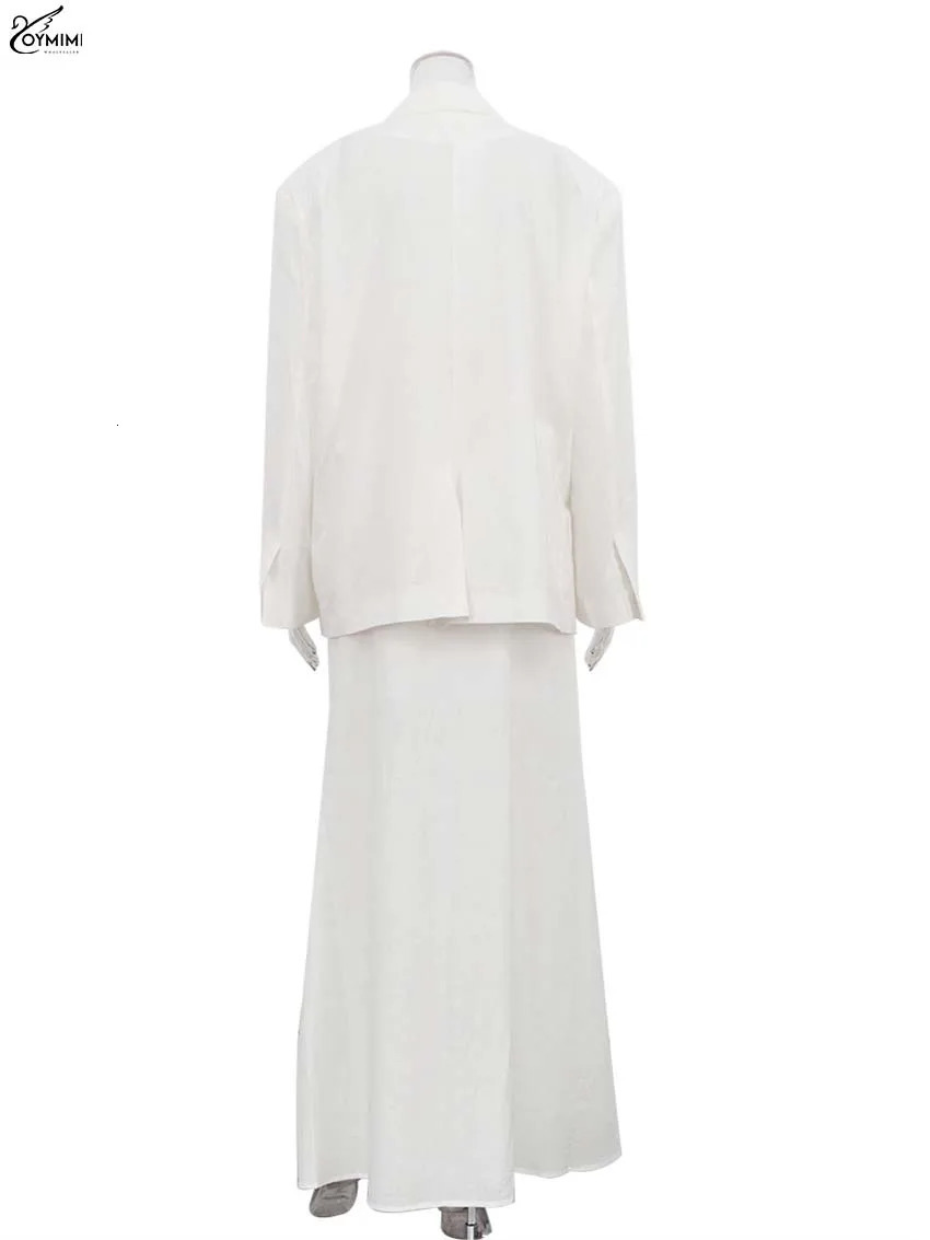 Oymimi Casual White Two Piece Set For Women Elegant Long Sleeve Pockets Blazers And High Waist Straight FloorLength Skirts Sets 251028
