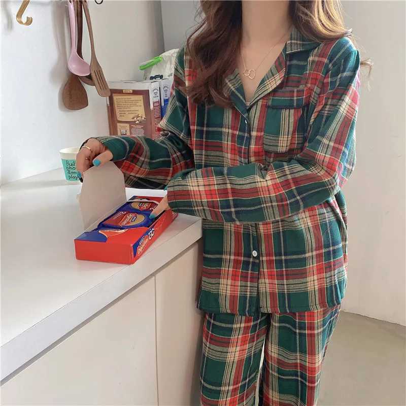 Green Christmas Pajamas Couple Pajama Set Simple Plaid Sleepwear Cotton Autumn Winter Women Pyjamas Suit Long Sleeve Loungewear L251011