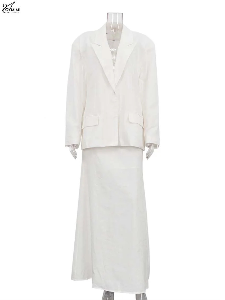 Oymimi Casual White Two Piece Set For Women Elegant Long Sleeve Pockets Blazers And High Waist Straight FloorLength Skirts Sets 251028