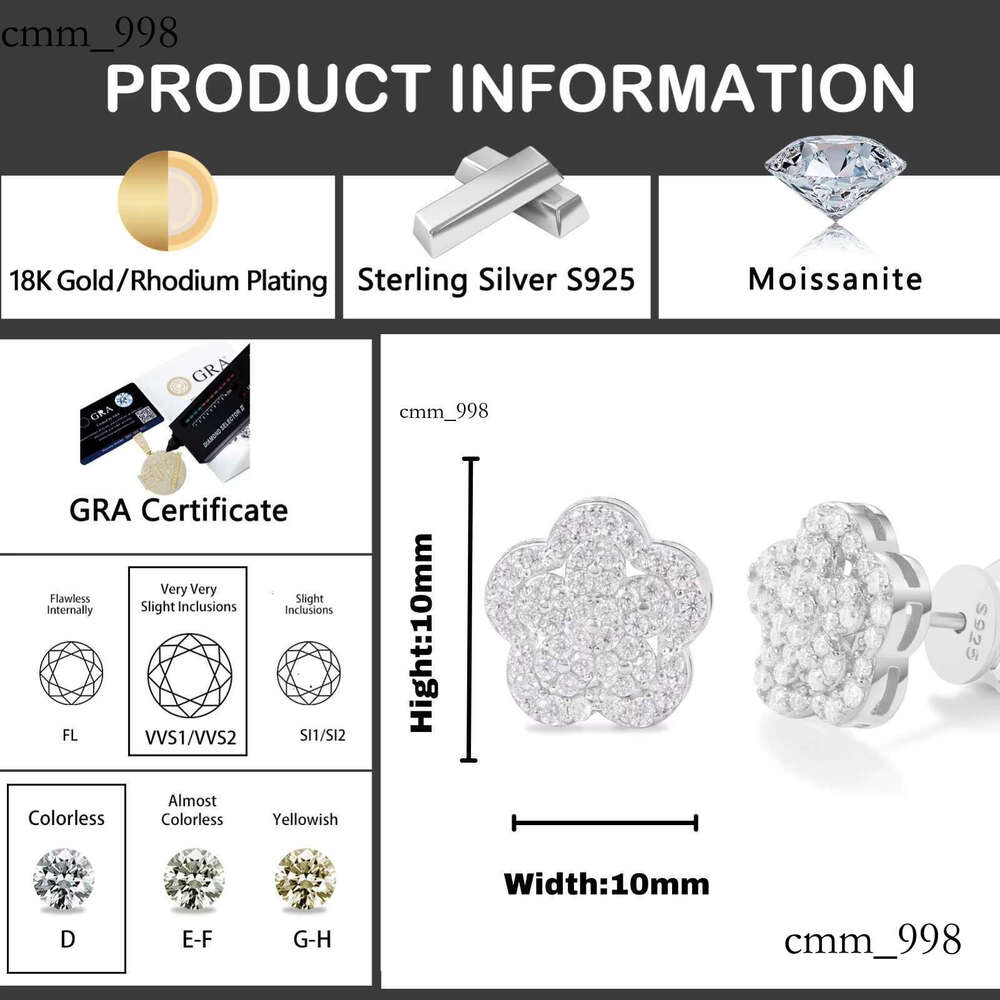 Drop Shipping Factory Price VVS Moissanite Dia 3 Layer Ice Out Sier FlowerStud Earrings for Man Woman