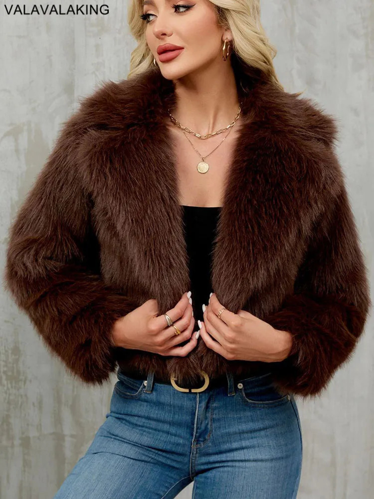2025 Female Winter Brown Faux Fur Coat For Women Casual Long Sleeve Fluffy Plush Jacket Lady Solid Thick Fur Warm Cardigan 251010