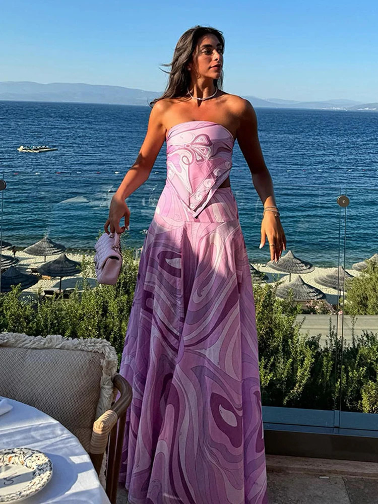 Elegant Womens Maxi Skirts Shawl Set Summer Beach Vacation TwoPiece CoverUp Geometric Stripe CottonLinen Festival Outfit 251011