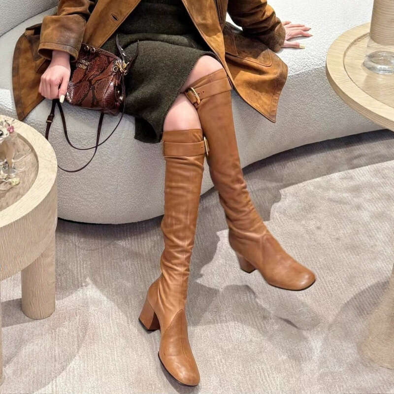 Mui Home Belt Buckle Long Thick Heel Square Toe Elastic High Tube Slim Boots Women's Fashion Autumn Winter Shoes 25