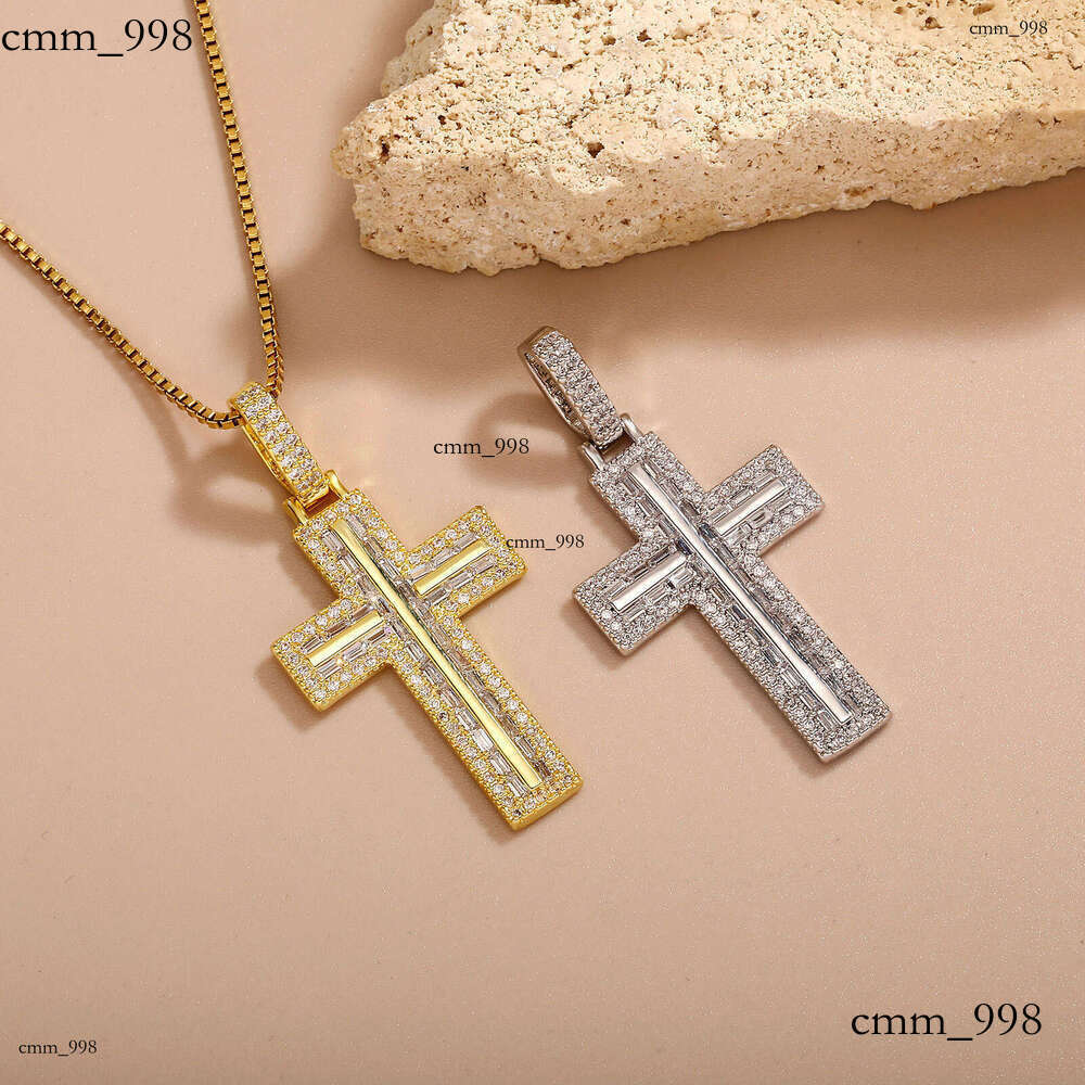 Slim Long Dia Cross Pendant Personality Real Gold Plated Sterling Silver Moissanite chain Necklace
