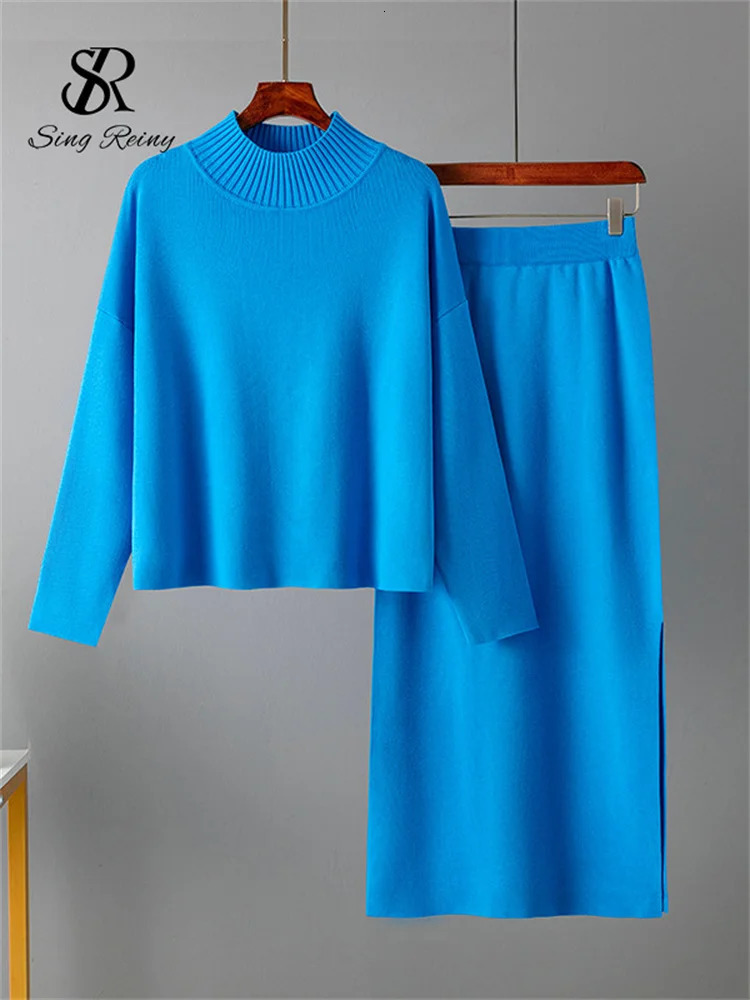 SINGREINY Fashion Autumn Sweater Two Pieces Suits Women Loose Warm PulloversSplit Long Skirt Winter Casual Knitted Sets 251028