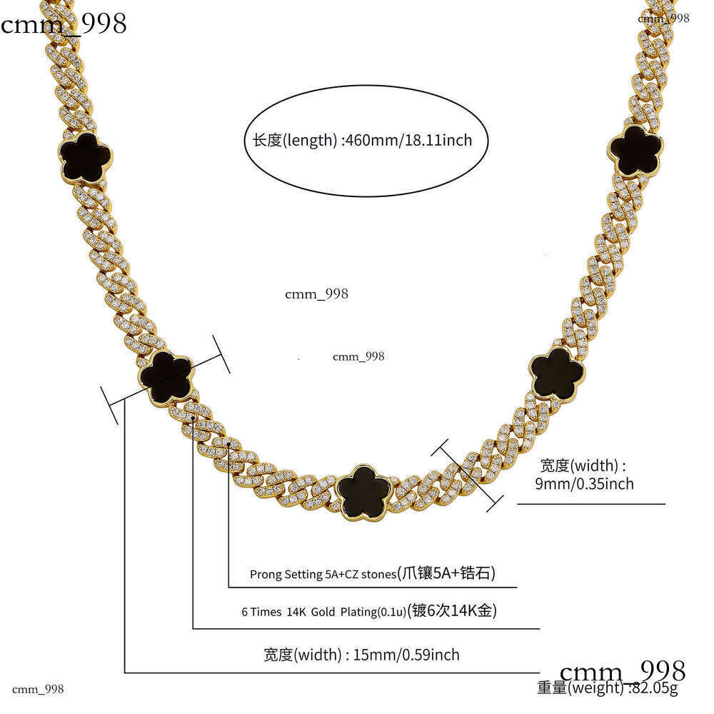 Hip Hop Five-Petal Flower Moissanite chain Spring Clasp Cuban Necklace 15mm Personality INS Trend Men's Accessories