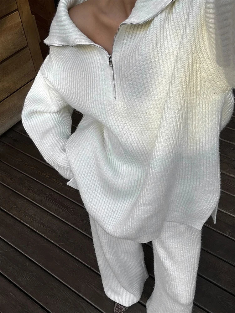 Tossy White Lapel Knitwear Cardigan 2 PieceSet Women Zipper Loose Autumn 2025 Patchwork Trousers Sets Ladies Knit Pant Sets 251011