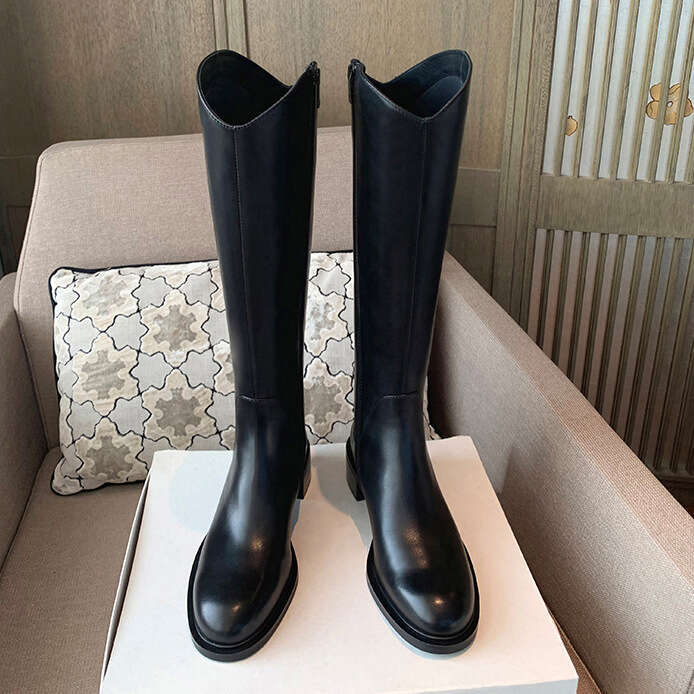 Cowhide Version~2025 New V-Neck Thick Sole Fleece-Lined Chunky Heel Mid-Calf Riding for Women Autumn Winter Genuine Leather Long Boots ed