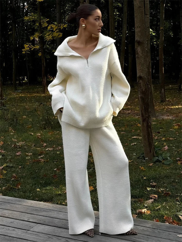 Tossy White Lapel Knitwear Cardigan 2 PieceSet Women Zipper Loose Autumn 2025 Patchwork Trousers Sets Ladies Knit Pant Sets 251011