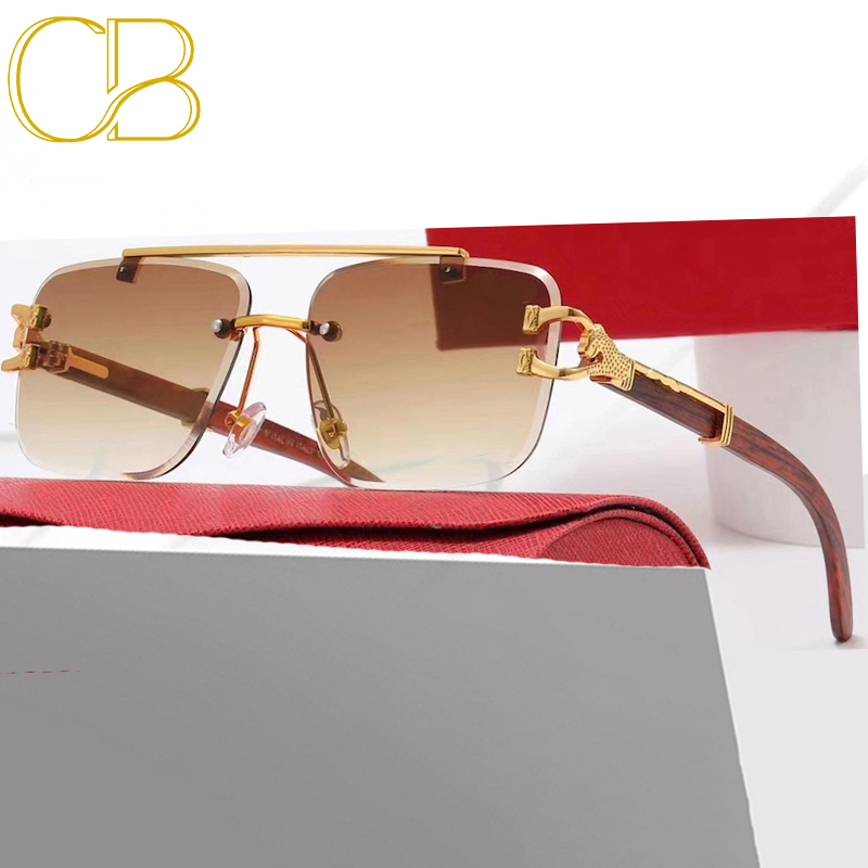 Square Rimless Sunglasses Men Retro Flat Top Double Bridges Metal Frame Men's Sunglasses Luxury Gold Lion Decoration Women Sun Glasses Eyewear