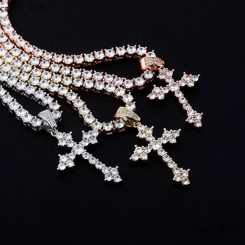 New Rose Flower Three-Leaf Cross Pendant Full Moissanite chain Hip-Hop Unisex Necklace Accessory