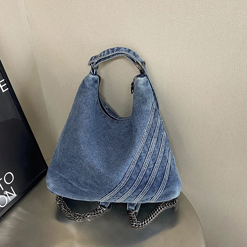 Denim Large Capacity Tote Bag For Women Artistic Canvas Style Shoulder Bag Double Shoulder Splicing Chain Backpack 251010