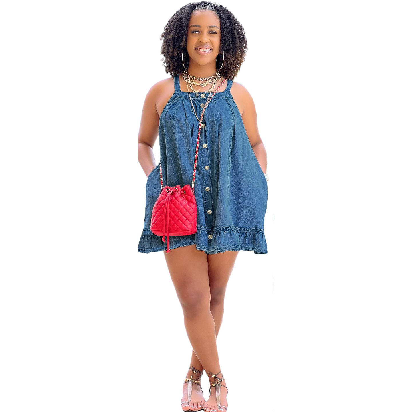 Solid-color halter-neck buttoned pocket loose-washed denim dress