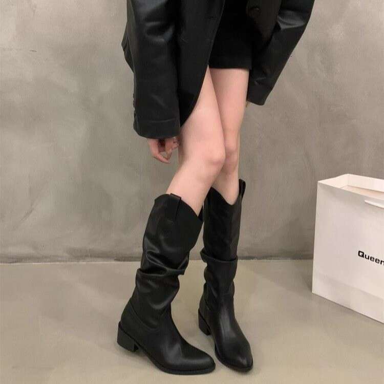 Women's Long Women 2025 Autumn Winter New V-Cut Melad Over-the-Knee Chunky Heel Pointed Toe Slouch Boots bb
