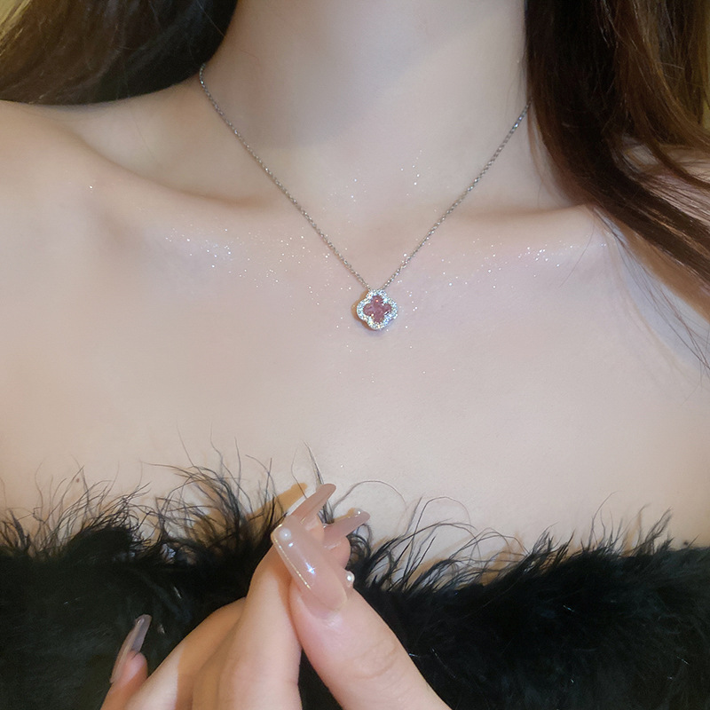 Silver Needle Pink Sweet Temperament Zircon Flower Necklace Fashion Light Luxury Korean Niche Versatile Earrings for Women - view 3