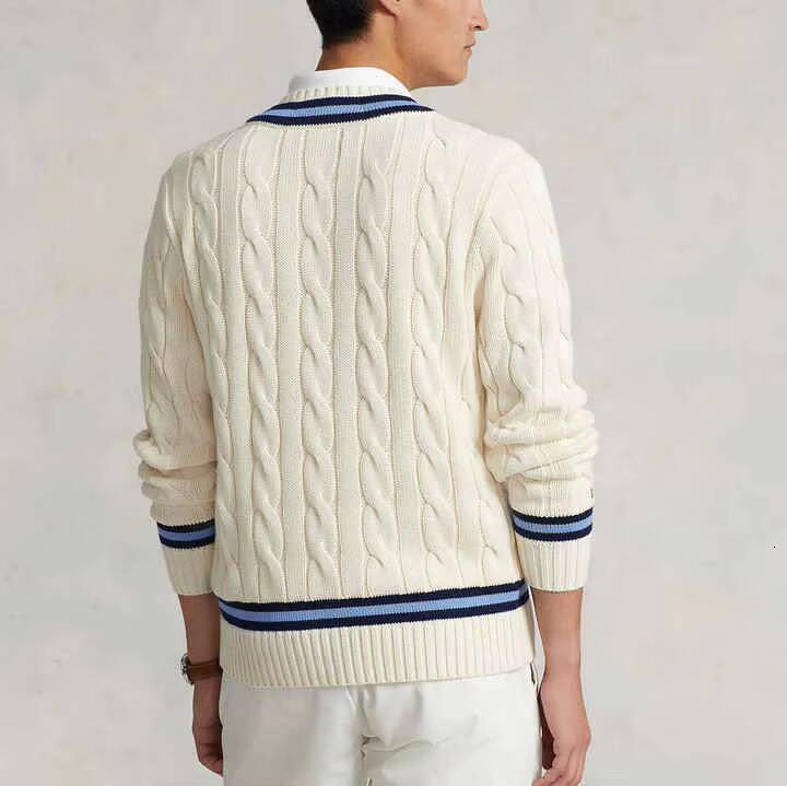 Wholesale Custom Mens Classic Cable Texture VNeck Striped Trim Varsity Cricket Design Knitted Sweater