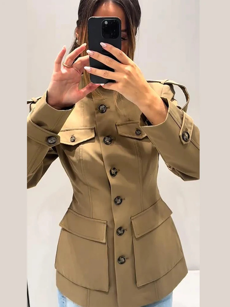 Stand Collar Khaki Cropped Trench Coat Jacket With Pockets Womens Spring Fall Button Front Slim Fit High Street Lady Outerwear 251009
