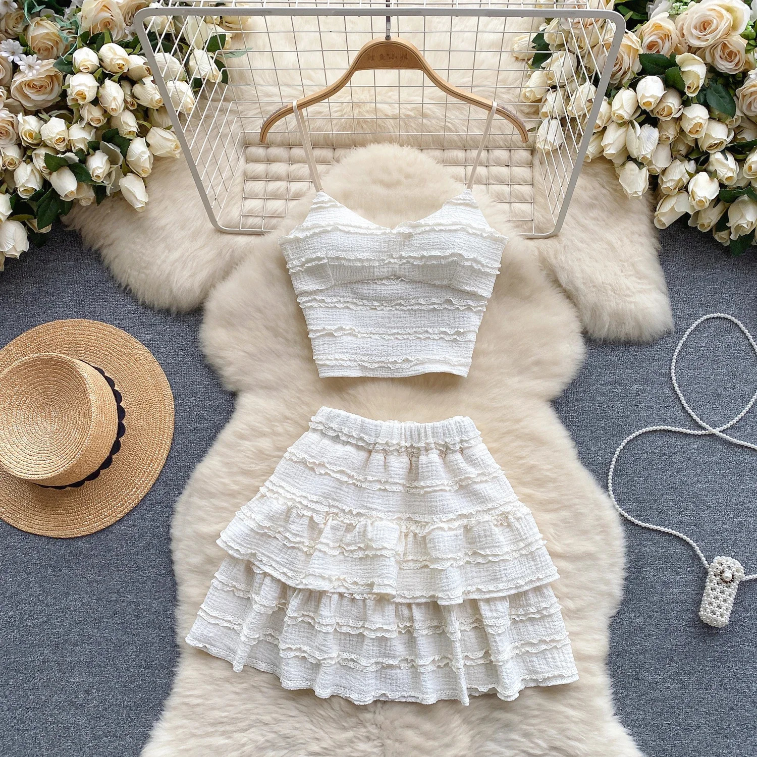 2026 Sweet Ruched Two Pieces Sets V Neck Strap Crop TopsShort Pleated Skirt Women Korean Style Chic Summer Beachwear Suits 251028