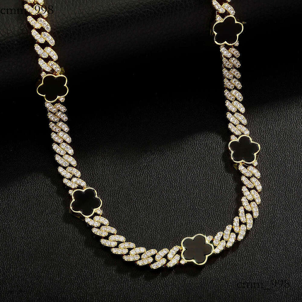 Hip Hop Five-Petal Flower Moissanite chain Spring Clasp Cuban Necklace 15mm Personality INS Trend Men's Accessories