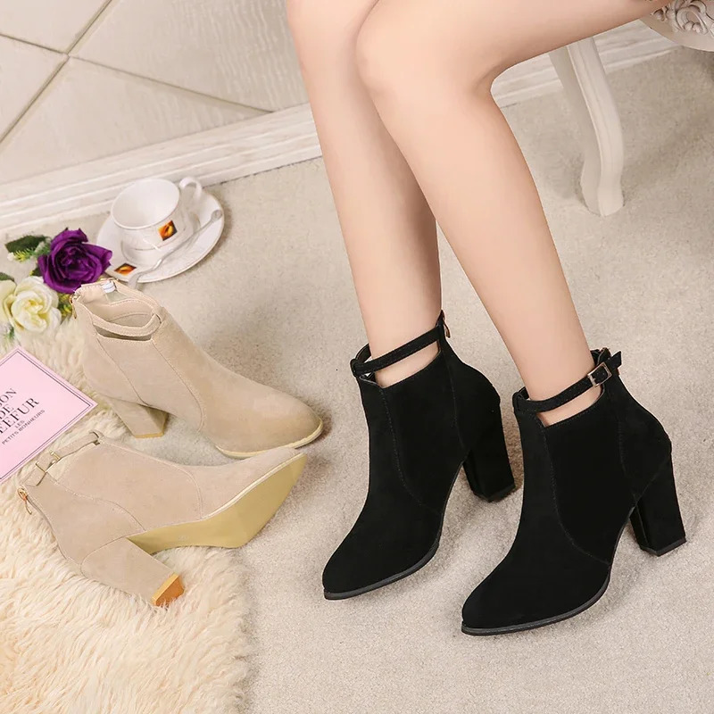 Suede Leather Black Buckle Booties High Heel Ladies Shoes Warm Zipper Ankle Boot Ankle Boots Women Winter Fashion 251008