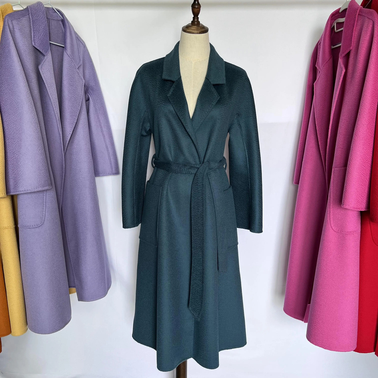 Cashmere Coat Female Winter MidLength Corrugated Coat Black Wool Coat Woman Autumn Casual Fashion Red Beige LaceUp Coat 251010