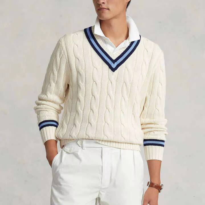 Wholesale Custom Mens Classic Cable Texture VNeck Striped Trim Varsity Cricket Design Knitted Sweater