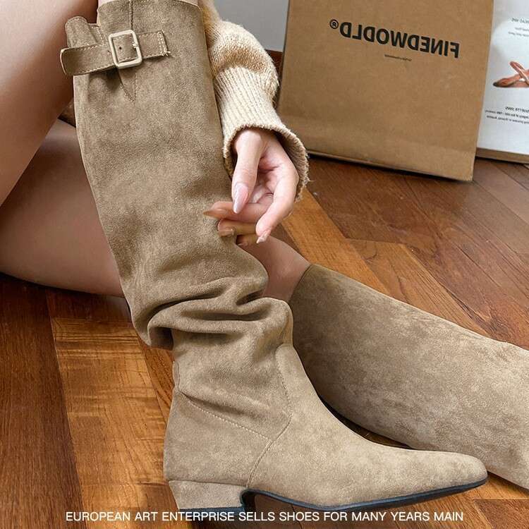 Soft Leather Version ~ Lazy Style Women's Winter Slouch French Slimming High Chunky Heel Suede Khaki Long Boots 00