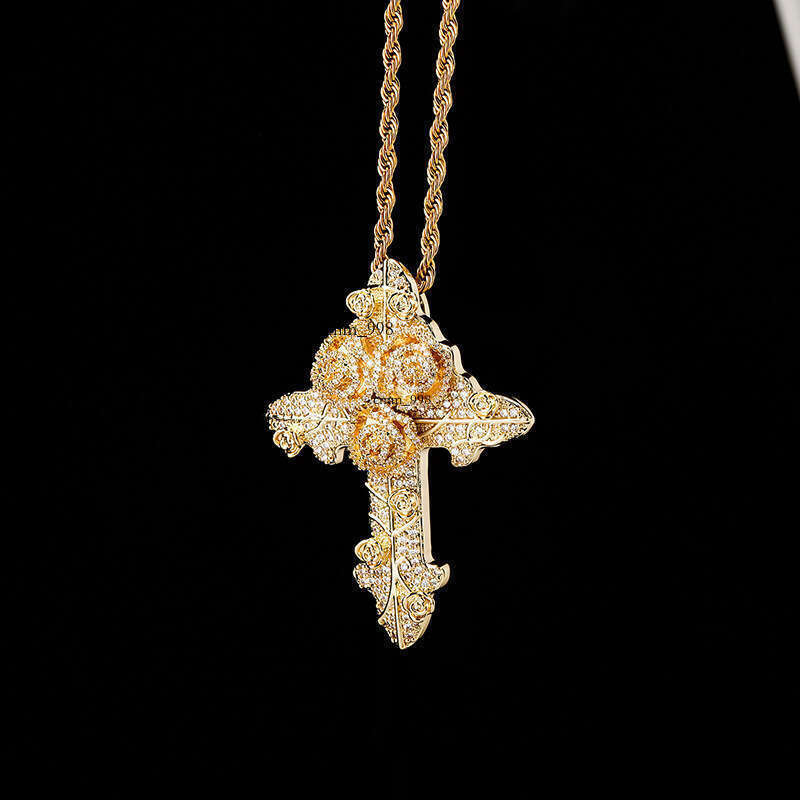 New Rose Flower Three-Leaf Cross Pendant Full Moissanite chain Hip-Hop Unisex Necklace Accessory