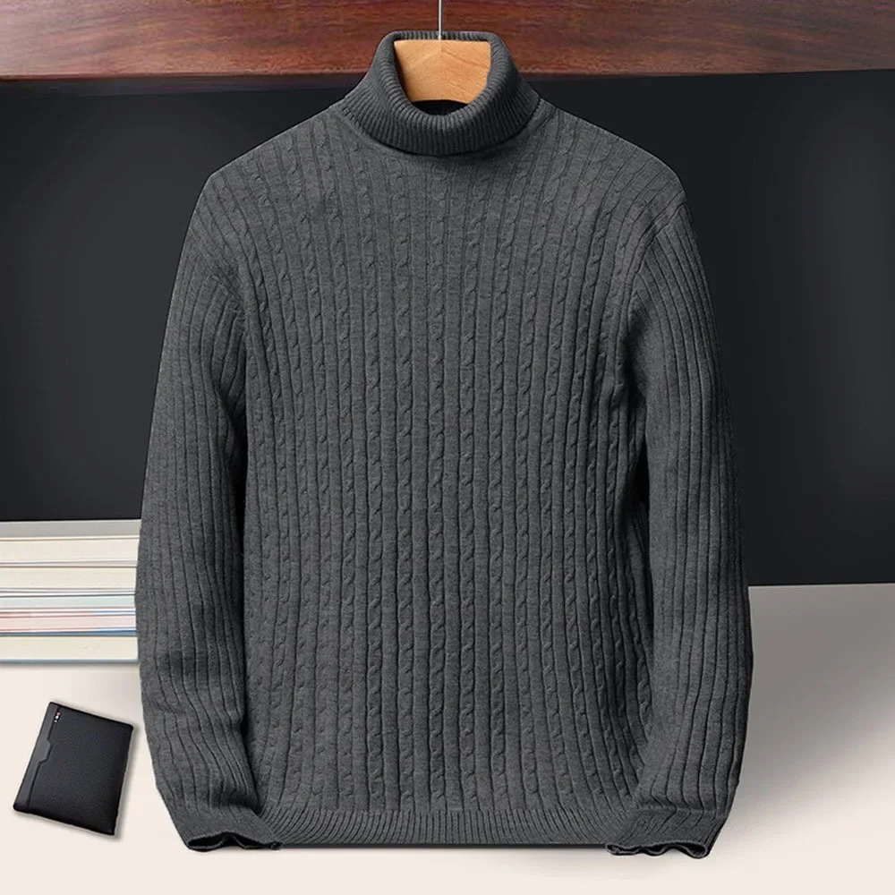 Mens Turtleneck Sweaters Autumn Knitted Striped Streetwear Warm Long Sleeved Pullover Solid Color Basic Style Casual Tops 251008