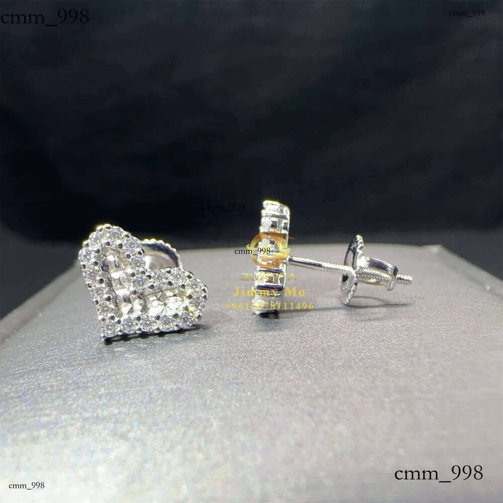 Wholesale Price Hip Hop Iced Out Style Jewelry Sier Vvs1 Moissanite Dia Heart Shape Stud Earrings Man Gift